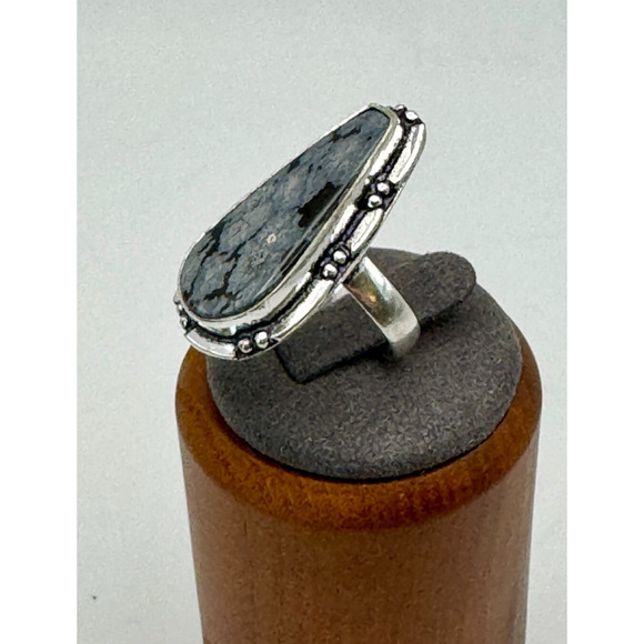 Snowflake Obsidian Stone Estate Ring .925 Stone Sz 6 - 5.45 Grams - 1" - Picture 4 of 4